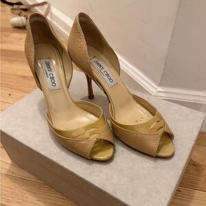 Jimmy Choo Beige Snakeskin Peep-Toe Heels - 36.5